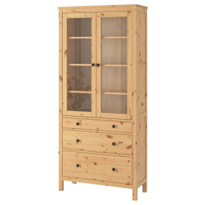 이케아 HEMNES 헴네스 유리장식장+서랍3 라이트브라운 90x198 cm 803.528.71