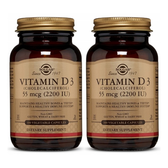 Solgar 솔가 비타민D3 2200 IU 식물성캡슐 100정 2병 Vitamin D3 (Cholecalciferol) 55mcg, 100개입, 2개
