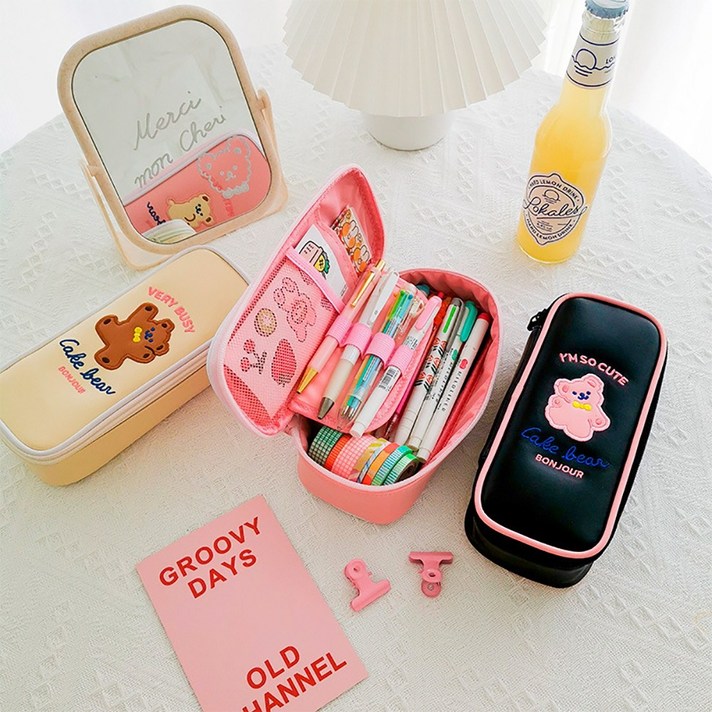 귀여운 곰돌이 캐릭터 대용량 예쁜 심플한 필통 펜슬케이스 중학생 펜파우치 파우치 조카선물, 02_딸기우유 핑크