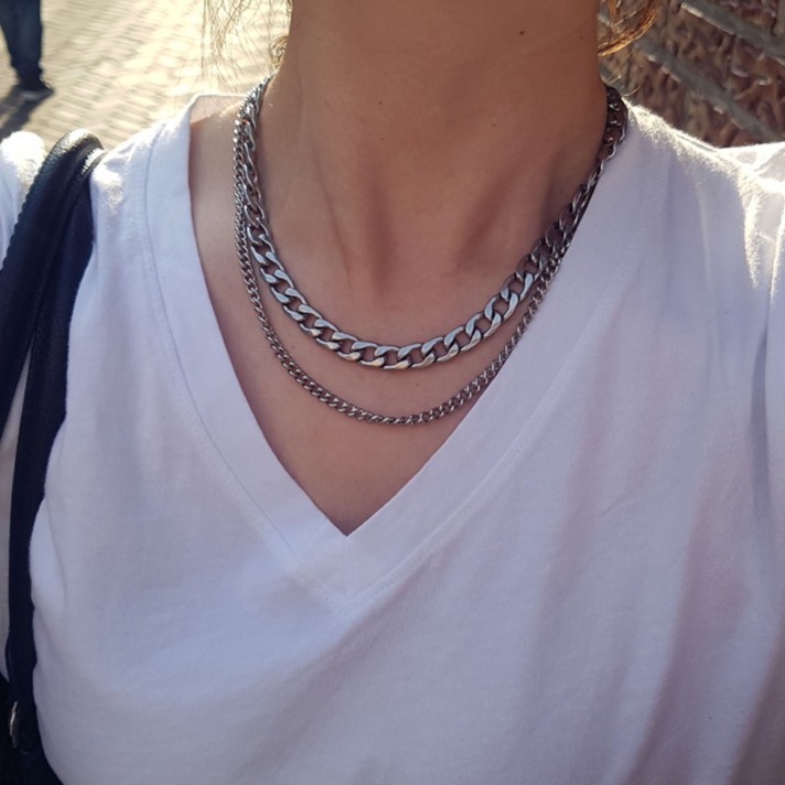 LIMJA 무알러지 굵은목걸이 써지컬스틸 레이어드 큰 볼드체인 목걸이 스트릿 두줄 세트 남여 목걸이