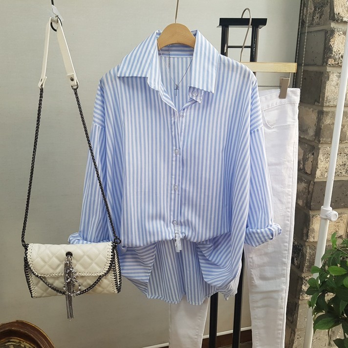 상상그이상 여성용 마린 세로줄 스트라이프 기본 셔츠
