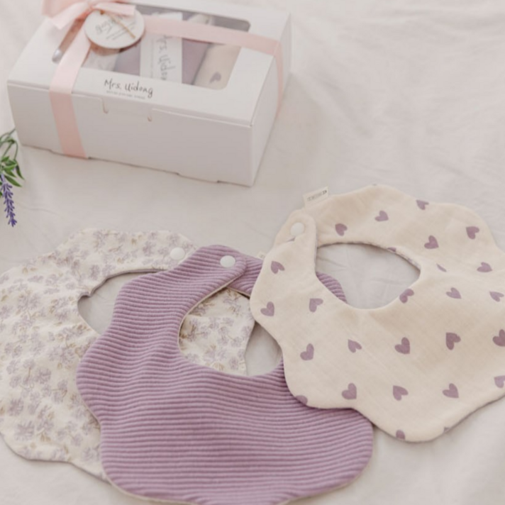 출산백일선물 우이동금손 쁘띠하트 턱받이3종세트선물포장쇼핑백세트