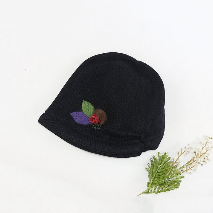 로즈 밍크털 자수 겨울 여성 두건 모자
