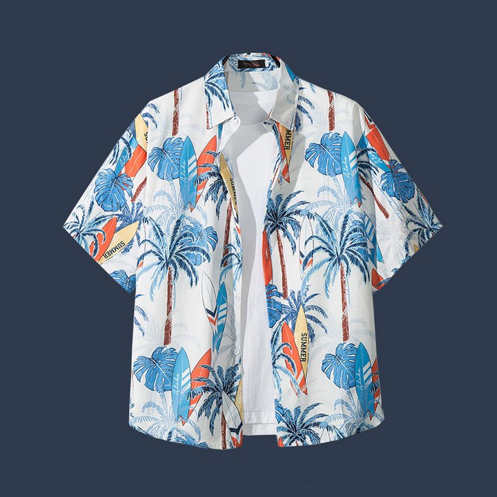 남성 하와이안 비치 야자수 빈티지 세미 오버핏 카라 셔츠