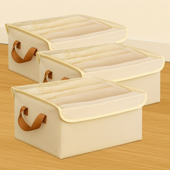 마벨인홈 옷 정리함 이불 수납 투명창 먼지걱정 없는 대용량 패브릭 의류 보관함, 3개, 베이지