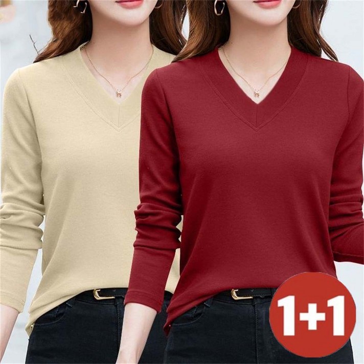 TKX 11 여성 가을 겨울 데일리 긴팔 브이넥 티셔츠 슬림핏 캐주얼 골지 쫄티