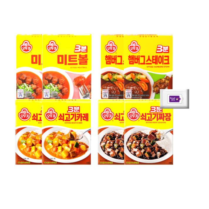 오뚜기 3분미트볼2개+3분햄버그스테이크2개+쇠고기카레2개+쇠고기짜장2개+그레잇물티슈(10매), 미트2+햄버그2+쇠고기카레2+쇠고기짜장2+그레잇물티슈