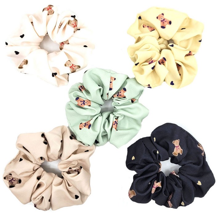 여성용 곱창 머리끈 곰돌이 인형 무늬 헤어 5종 세트