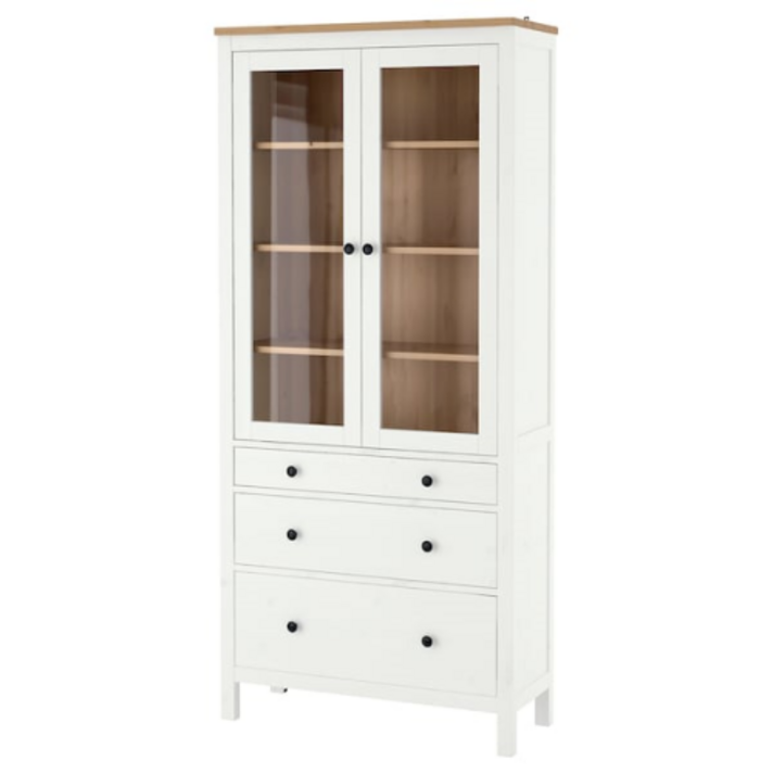 이케아 HEMNES 헴네스 유리장식장+서랍3 화이트 스테인 라이트브라운 90x198 cm 704.135.06