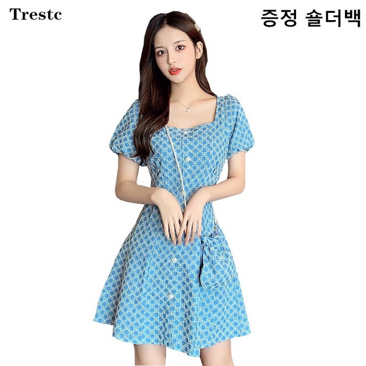 Trestc 여름 스퀘어넥 반팔 미니 원피스+숄더백