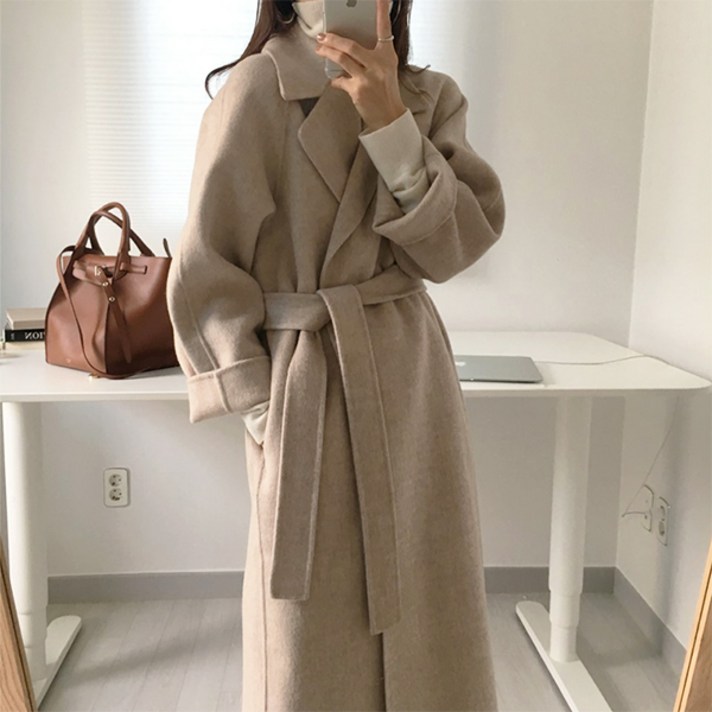 레티고 여성 데일리 카라 루즈 벨트 롱 코트