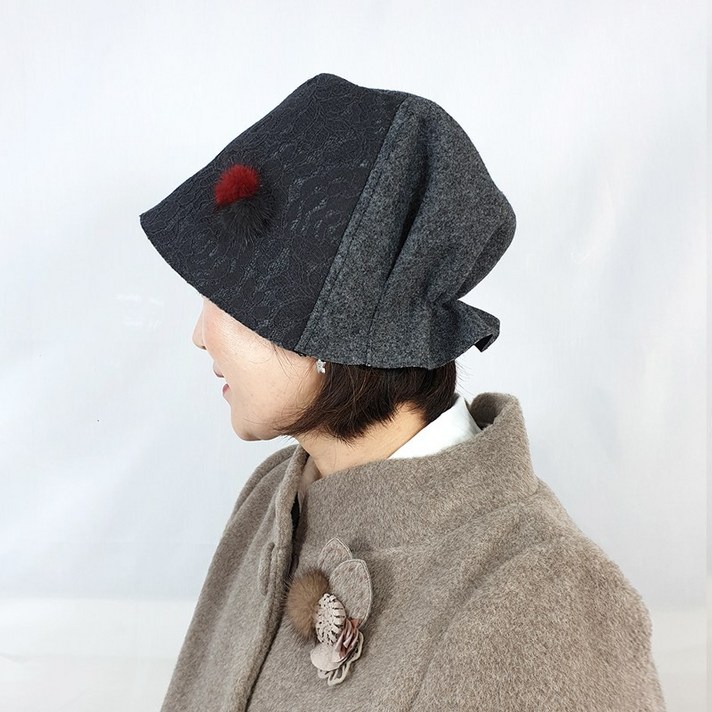 제이제이나인 토끼털 레이스 겨울 두건모자 중년여성모자