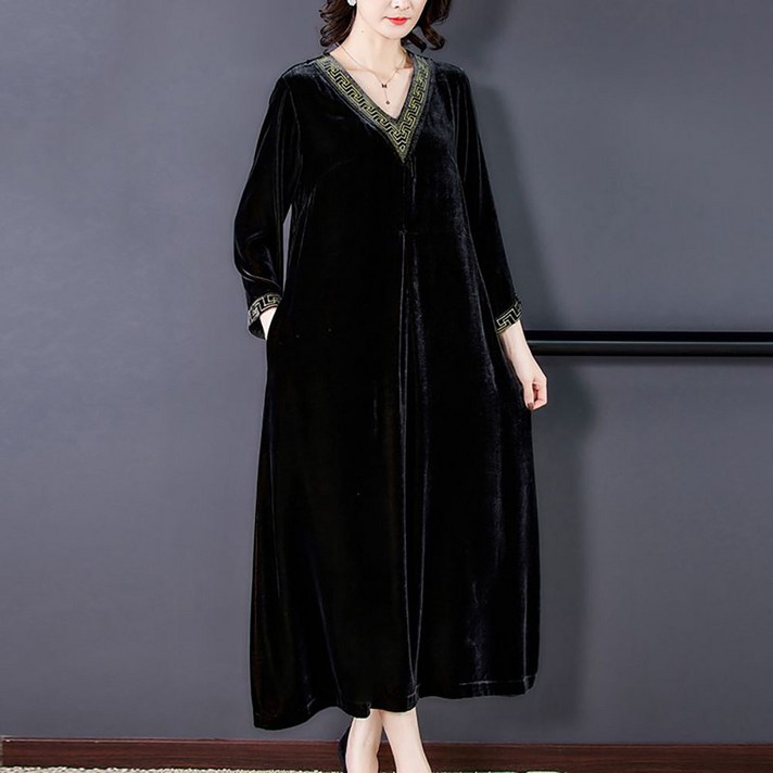 ROYALBELLE 여성 브이넥 벨벳 원피스 긴팔 롱 우아한 루즈핏 중년 빅사이즈 원피스 I091127