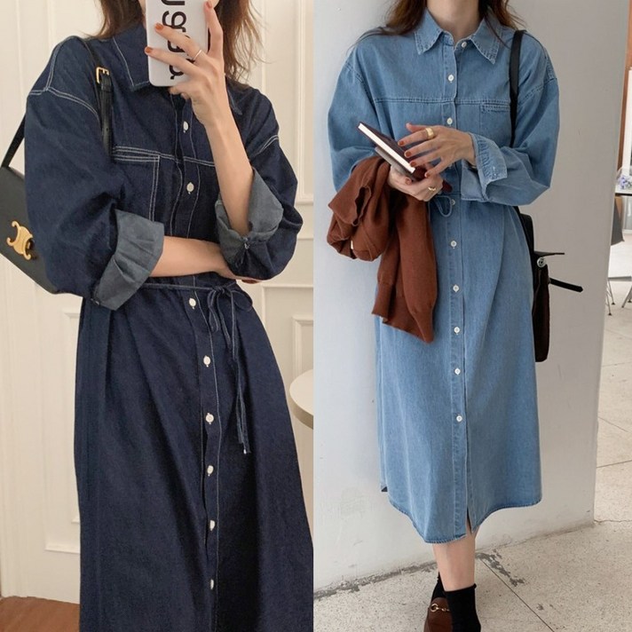 심플 롱 셔츠 데님 청 원피스 여성 데일리 긴팔 심플 롱 셔츠 데님 청 원피스 여성 데일리 긴팔