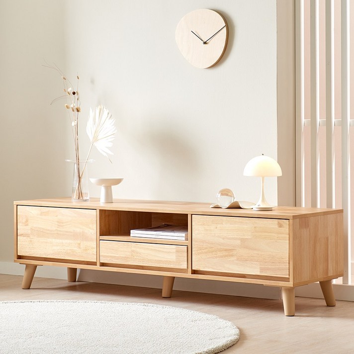  퍼니하우스 앨리스 오픈 서랍 원목 거실장 1500 수납 tv다이 거실 티비 장식장, 고무나무 