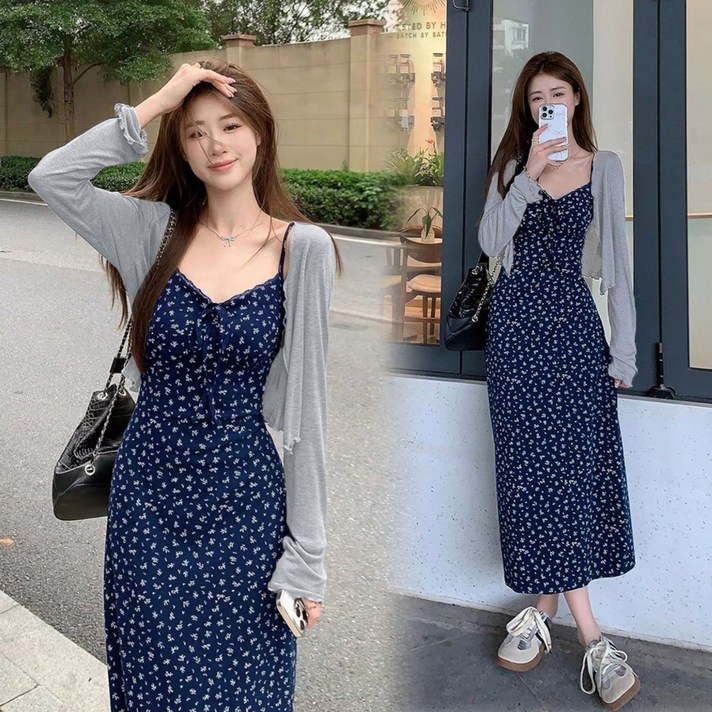 쿠스 여름 원피스 두피스 롱원피스 가디건 세트