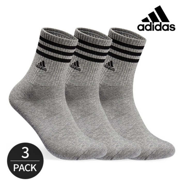 [국내생산]아디다스 남성 퍼포먼스 솔리드 미드컷 삼선 중목양말 3족세트 그레이, FREE