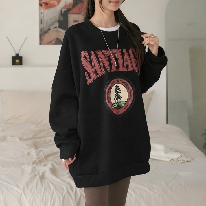 데일리앤 에세이 여성 겨울 기모 박스티 프린팅 롱 맨투맨