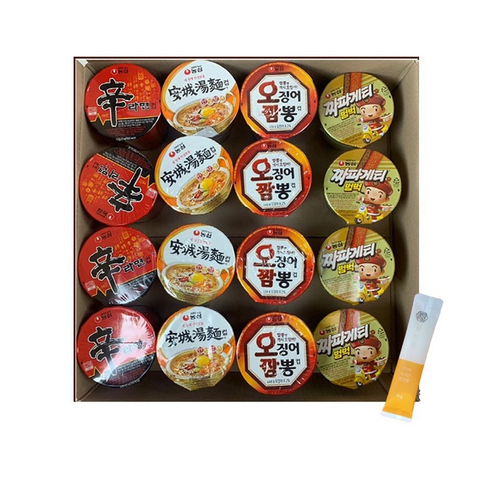 농심 소컵 신라면4입+안성탕면4입+오징어짬뽕4입+짜파게티범벅4입 + 꿀스틱 1개, 소컵 신라면+안성탕면+오짬+짜파범벅4개씩+꿀스틱1개