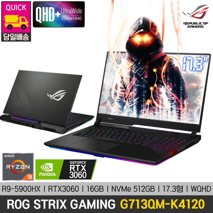 [당일출고]ASUS ROG STRIX GAMING G713QM-K4120 /R9-5900HX/RTX3060/NVMe 512GB/16GB/17.3형, 16GB, 512GB