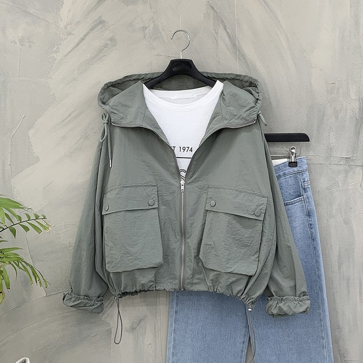 [행복여] 뮤즈 사각 포켓 스트링 후드 바람막이 야상 집업