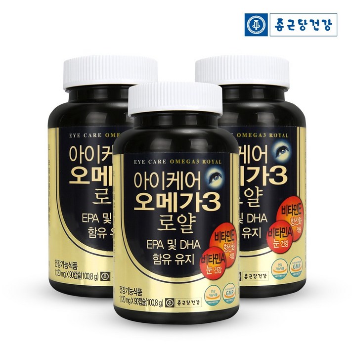 종근당건강 혈행개선 눈건강 항산화 3중복합기능 비타민E 아이케어 오메가3 로얄 실속형, 90캡슐, 3병
