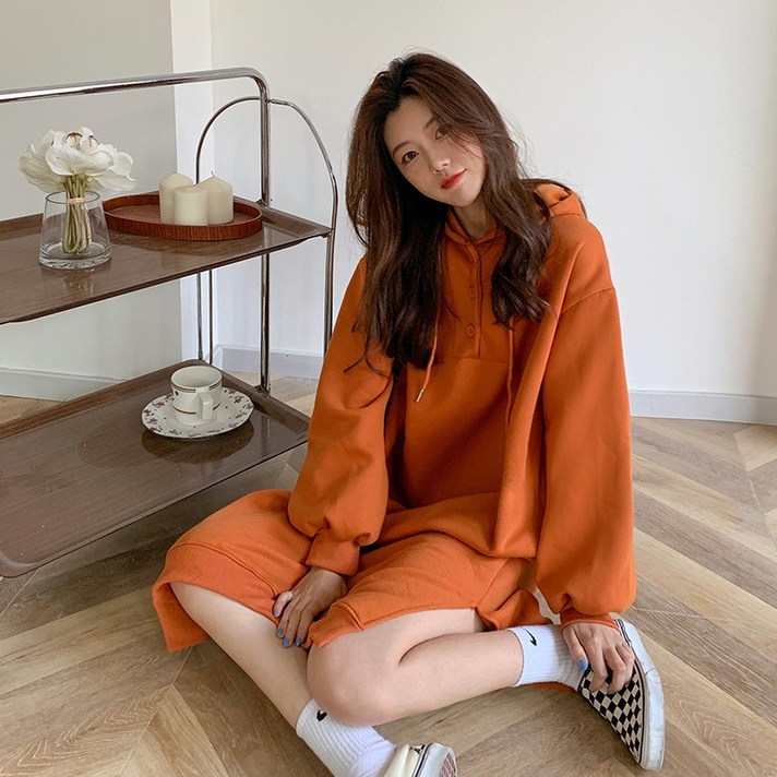 [컴피앤모어] 여성 무지 후드 옆트임 오렌지 블랙 롱원피스 빅사이즈
