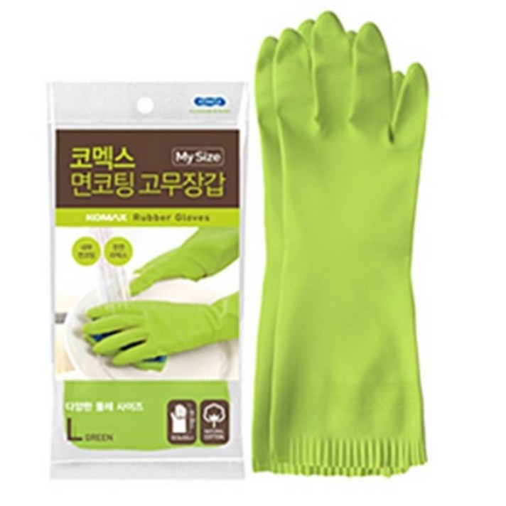 코멕스 마이사이즈 천연고무 주방용 면코팅 고무장갑 그린 L (대), 4개