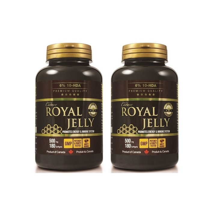 코데코 뉴트리션 로얄젤리 2병 (500mg x 180 캡슐 6% 10-HDA) 동결건조 생 로얄제리 캐나다 로열제리 선물용 박스에 포장되어 배송