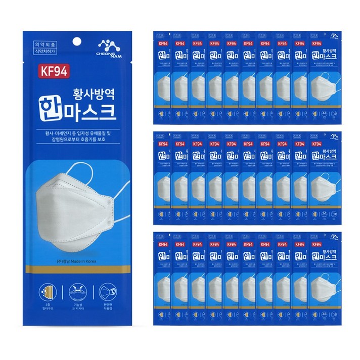 청남 황사방역 한 마스크 대형 KF94 화이트, 100매