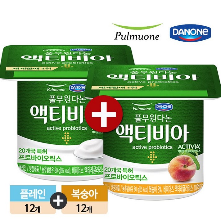 풀무원다논 액티비아 혼합 80g*24개(플레인12+복숭아12), 24개