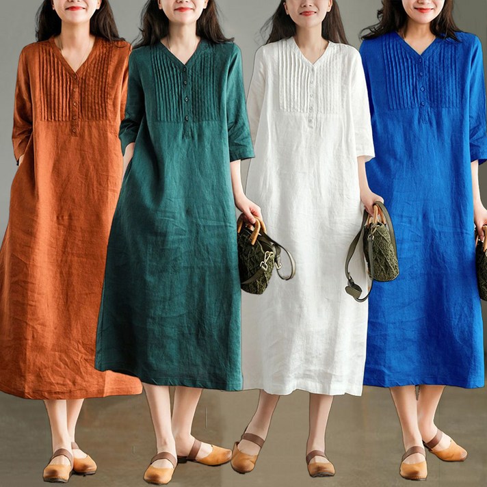POMTOR 여성 여름 5부팔 면마 루즈핏 미디움 패션 원피스 POMTOR 여성 여름 5부팔 면마 루즈핏 미디움 패션 원피스
