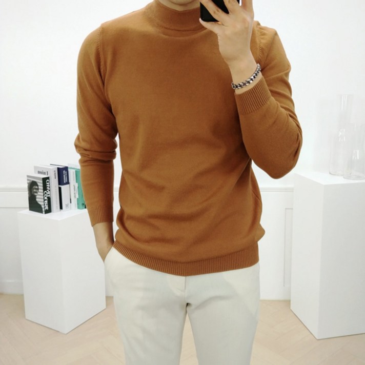 로니제이 남자 겨울 울 피치 기모 면 스판 반목 폴라티