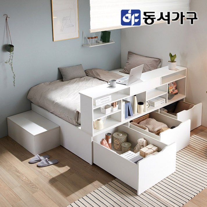 동서가구 멀티 수납 평상형 벙커 이층 침대 퀸 프레임+슈퍼싱글 퀸 매트리스 추가 옵션, 화이트
