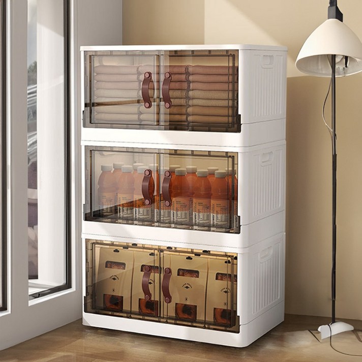 생활09 접이식 창문형 브라운 손잡이 정리함, 3단, 브라운