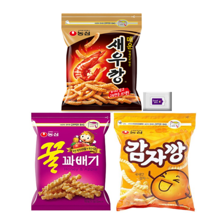 농심 대용량과자세트_매운새우깡+꿀꽈배기+감자깡+그레잇물티슈(10매), 매운새우깡1+꿀꽈배기1+감자깡1+그레잇물티슈