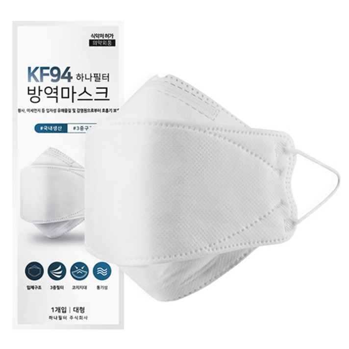 하나필터 KF94 마스크 미세먼지 황사 방역 대형 입체형 비말차단 50매 100매