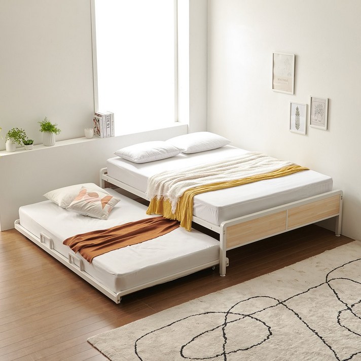 로맨스 무헤드 철제 슬라이딩 2단 공간활용 침대 프레임 본체Q 하단SS, 화이트