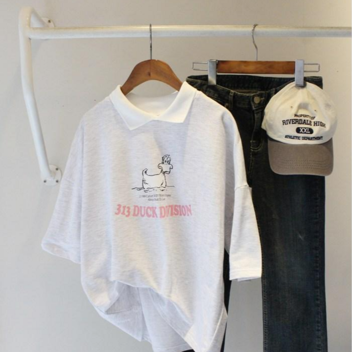 오리 프린팅 미니 카라 여자 반팔 티셔츠