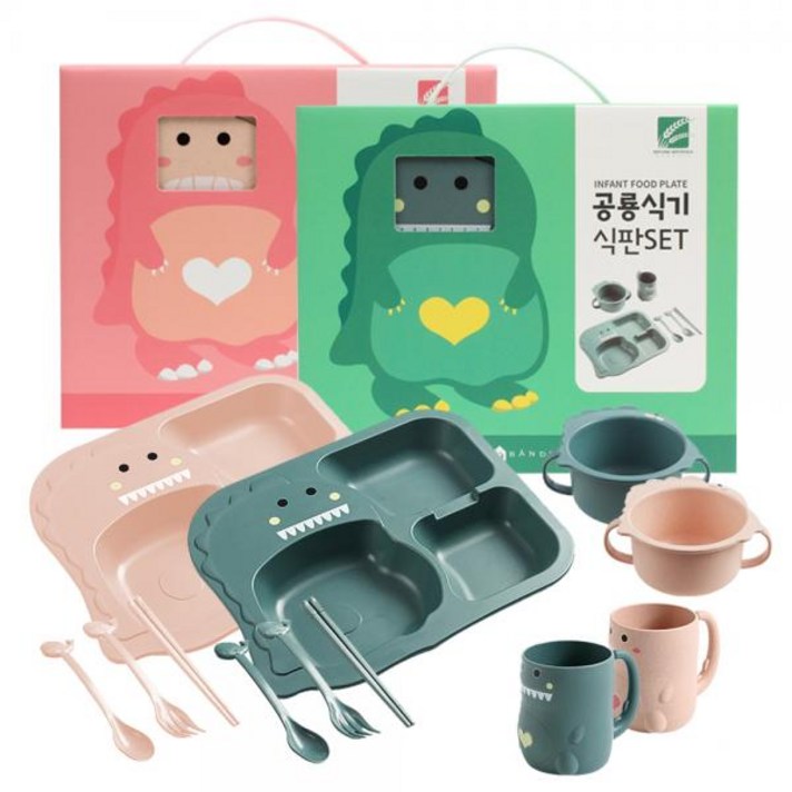 BQY176836[인기짱]공룡식기식판세트 어린이컵 실리콘흡착식기 유치원식기 이유식기 유아식판 아기식판 유아식판세트, 단일옵션