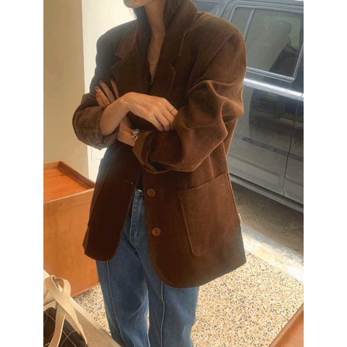 루어스룸 오펜 여성 가을 코듀로이 골덴 루즈핏 싱글 쓰리버튼 데일리 테일러드 하프 자켓 코트