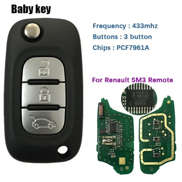 BB 키, 르노 삼성 “SM3” 플루언스 20092015 433MHz PCF7961 칩, 3 버튼 플립 폴딩 스마트 원격 자동차 키