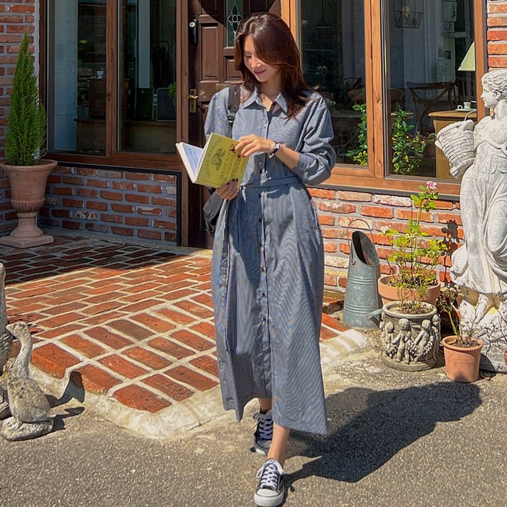 로로텐 스트라이프 셔츠 롱 원피스 카라넥 허리끈 세트 여성 빅사이즈
