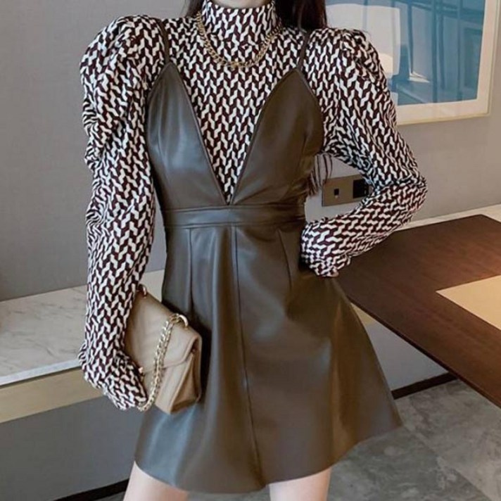 랜덤플레이 지그재그 이너 + 가죽 뷔스티에 원피스 세트 브라운 S 상세설명에서몇갠지꼭꼭확인