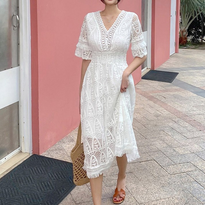 4466 비키비키 로아 원피스 반팔 롱 자수 레이스 여성 여름 밴딩 화이트 휴양지 바캉스 비치웨어