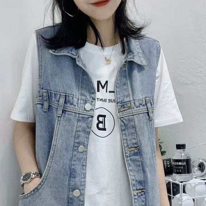 치유쿠 브랜드 복고 여성 빅포켓 민소매 데일리 데님 조끼 치유쿠 브랜드 복고 여성 빅포켓 민소매 데일리 데님 조끼