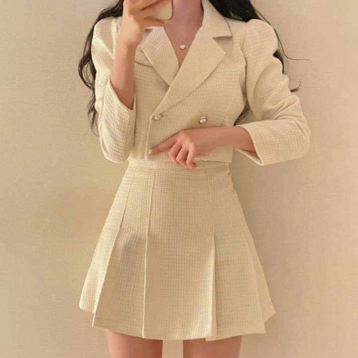 비비에모 봄 가을 자카드 숏자켓 + 플리츠 스커트 투피스 세트 10166