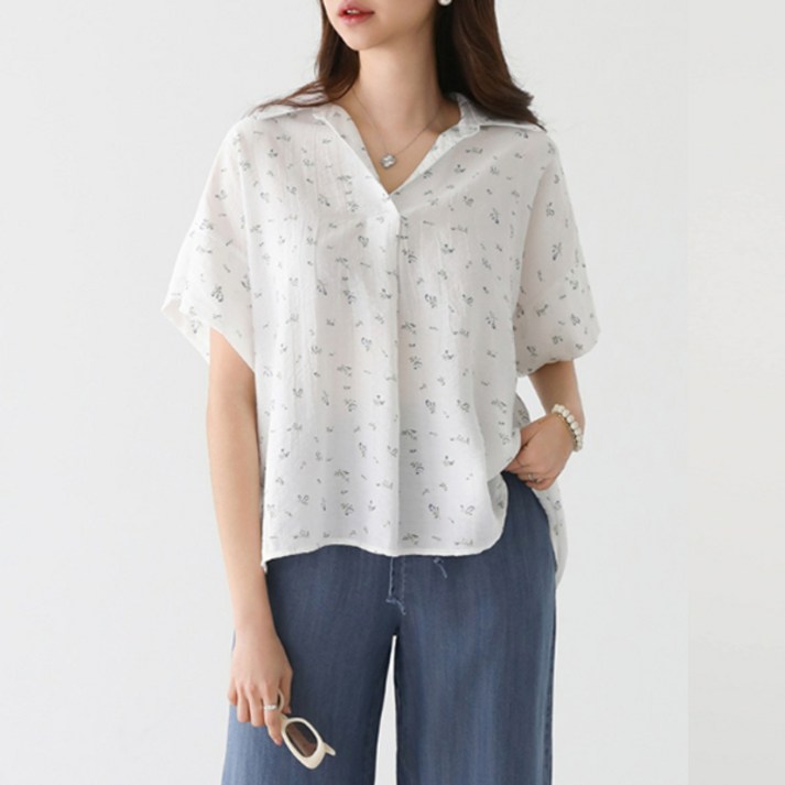 여성용 플라워 패턴 오픈 카라 루즈핏 블라우스 #49692
