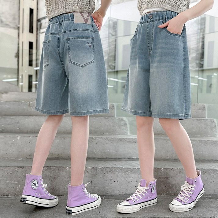 키즈목마 여름 신상 여아 아이스 소재 5부 데님 밴딩 팬츠 초등여아 주니어 쿨링 청 반바지 657