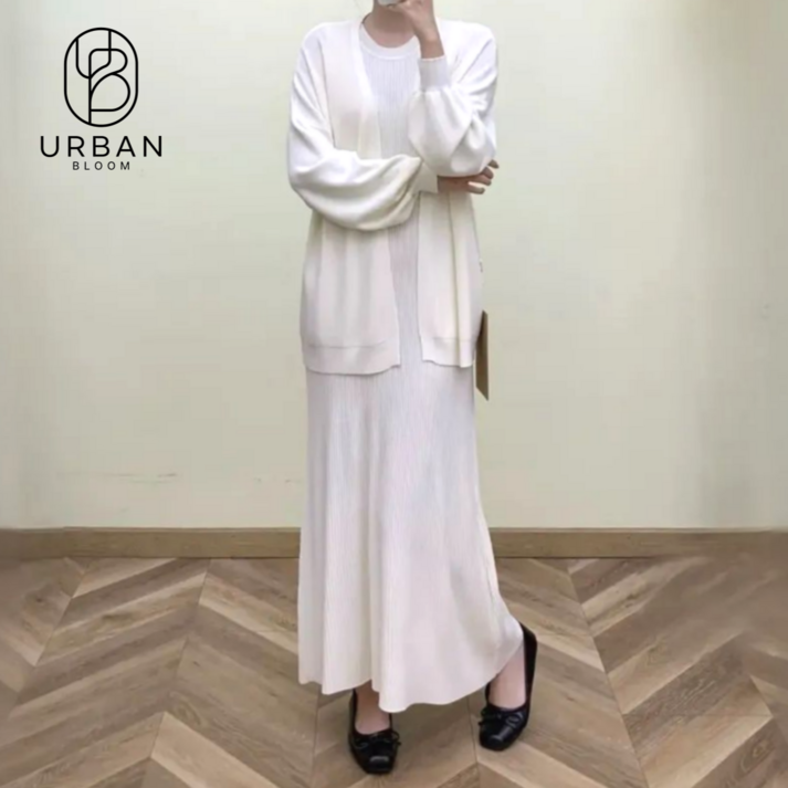 어반블룸 여성 골지 롱 민소매 원피스 가디건 투피스 니트 셋업